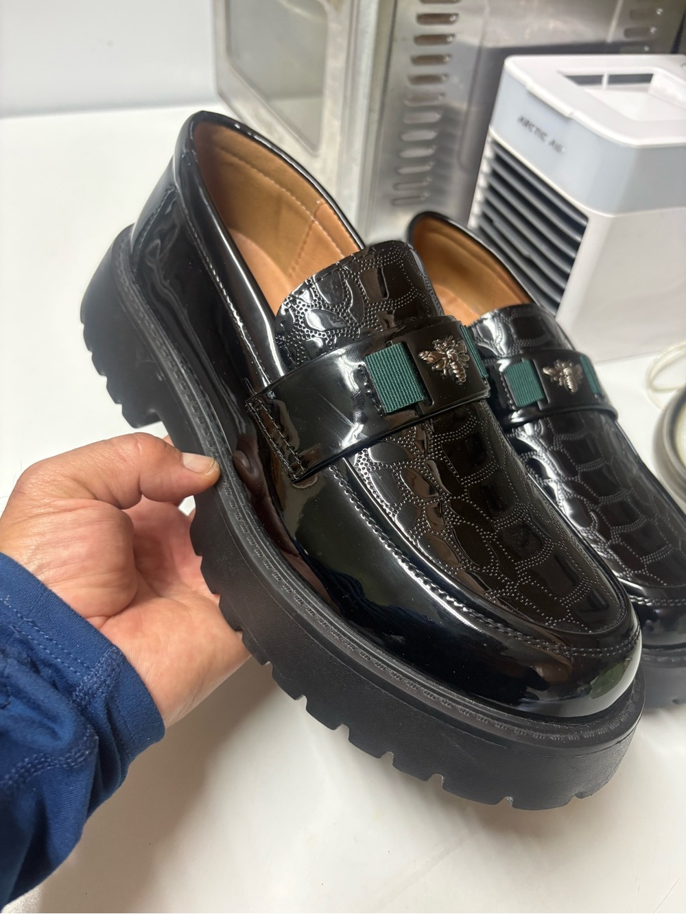 New Men's Black Patent Chunky Loafer with  size 9  Leather  Slip On Comfortable